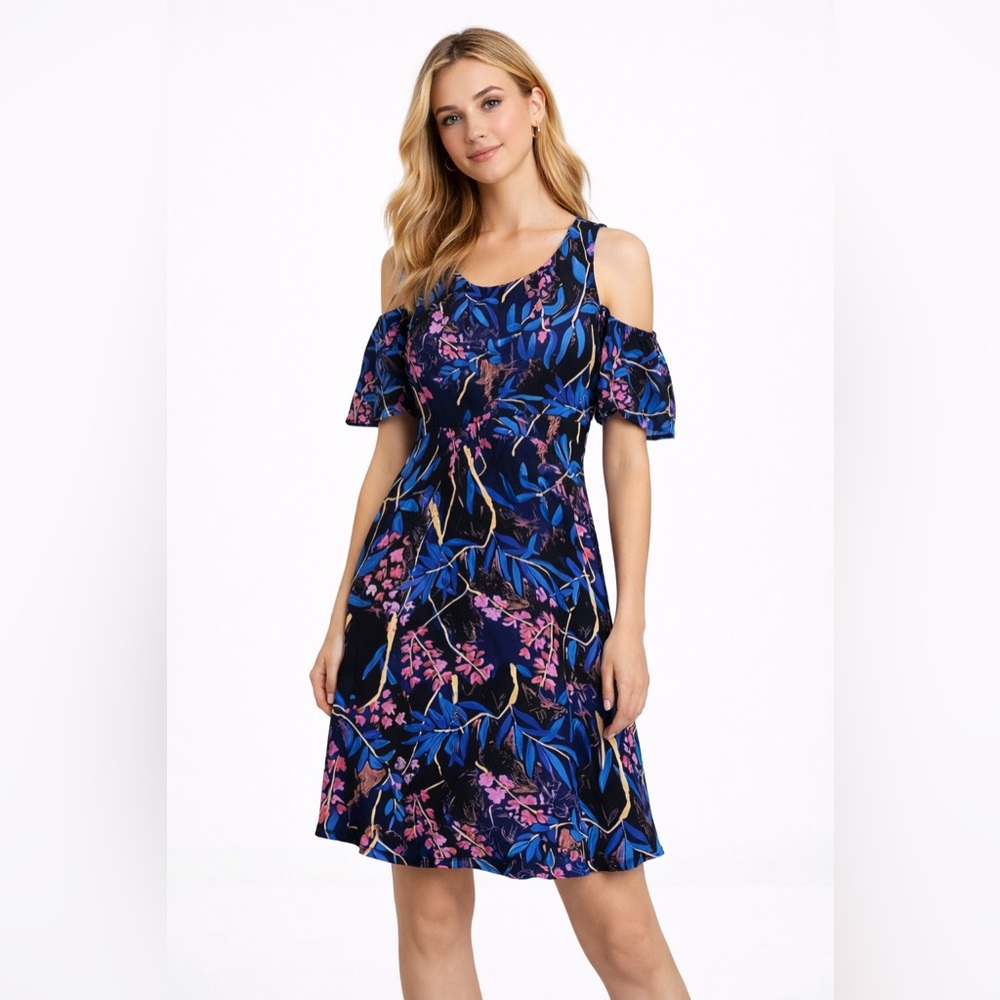 Anthropologie Maeve Elia Cold Shoulder Floral Dress Size 4 Keyhole Rayon
